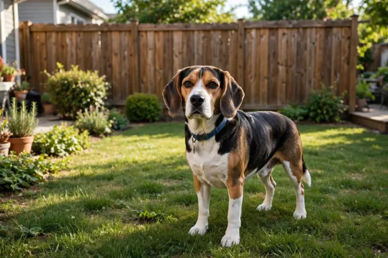 Tricolor beagle in a secure suburban backyard beside a tall wooden privacy fence — the right setup to stop a beagle digging under fence