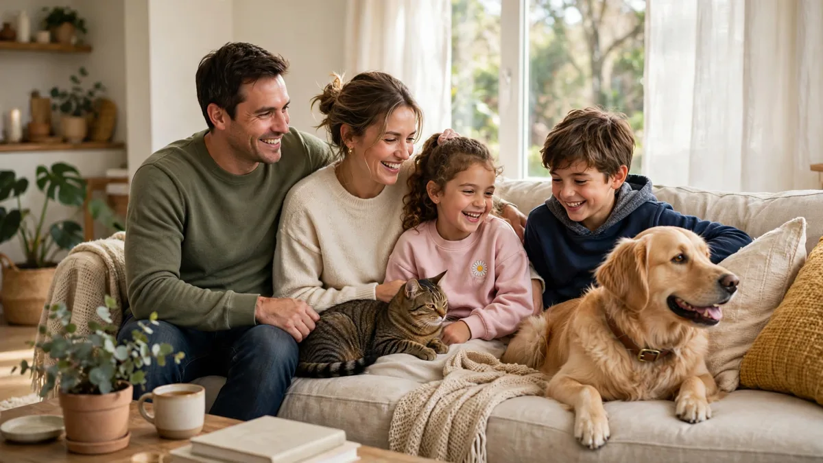 benefits of having pets at home shown by a happy family relaxing with their dog and cat