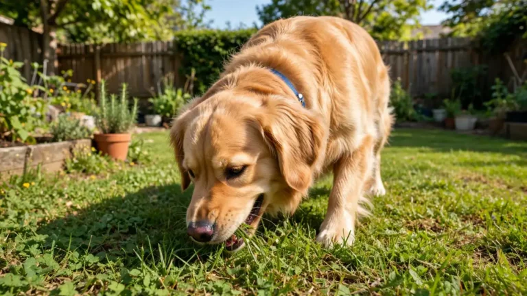 can dogs eat grass - a dog grazing on green grass in a backyard