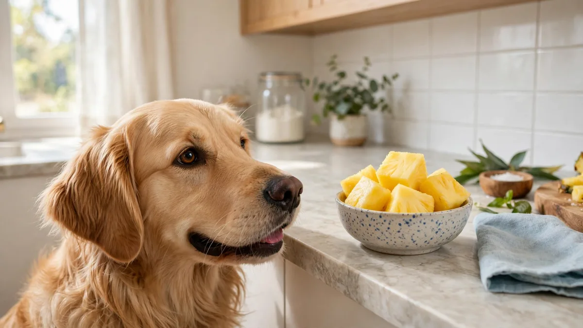 can dogs eat pineapple - a dog looking at a bowl of fresh pineapple chunks