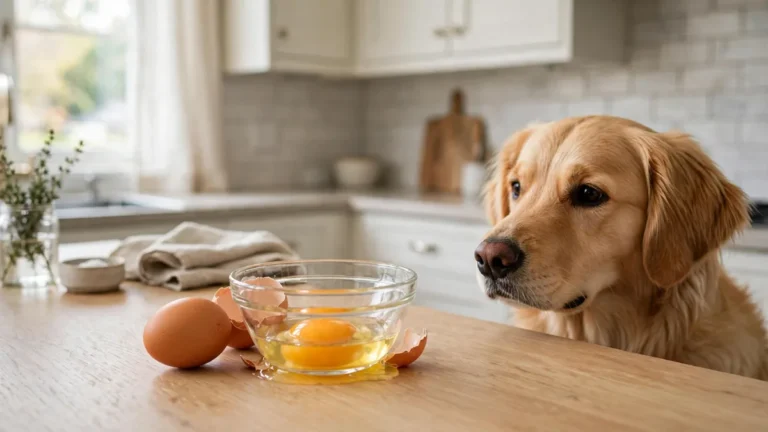can dogs eat raw eggs - a cracked egg in a bowl with a dog watching in the kitchen