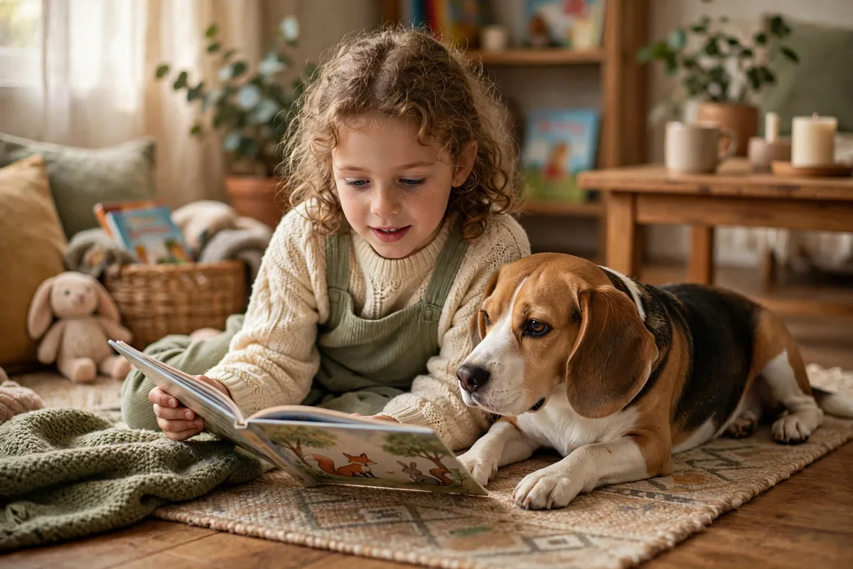 child reading a book to her dog, showing how pets at home help kids learn and bond