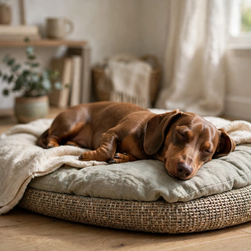 Calm Dachshund on bed, peaceful alone time