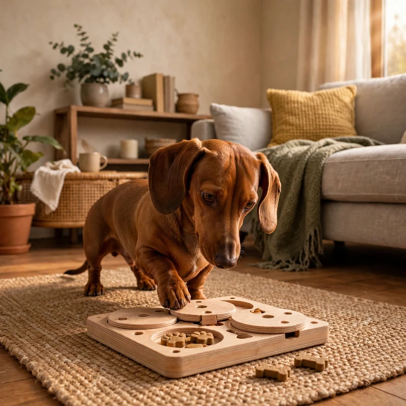 Dachshund with puzzle enrichment toy