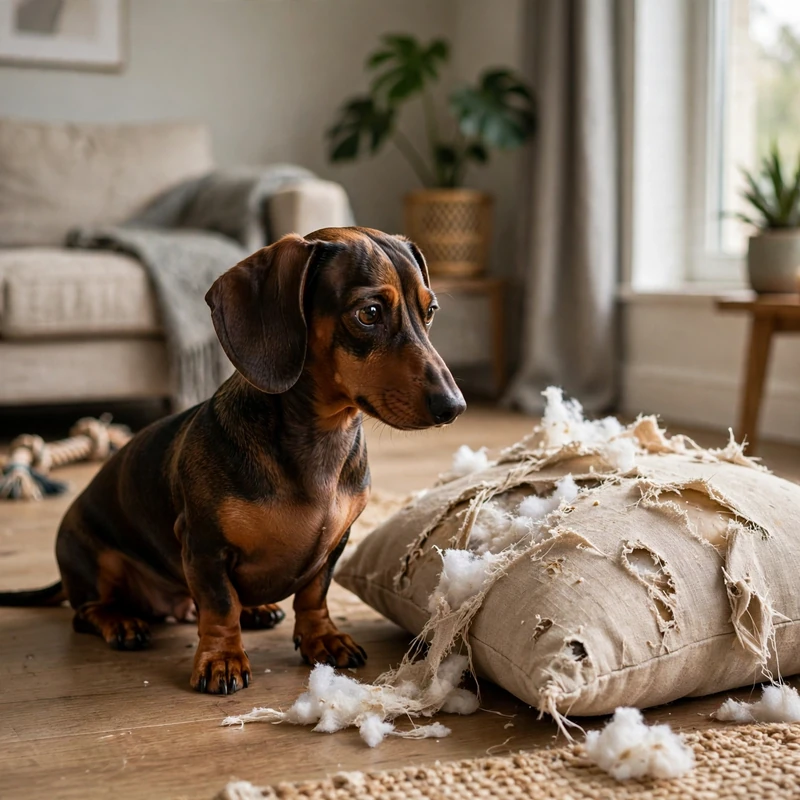 Dachshund beside chewed cushion