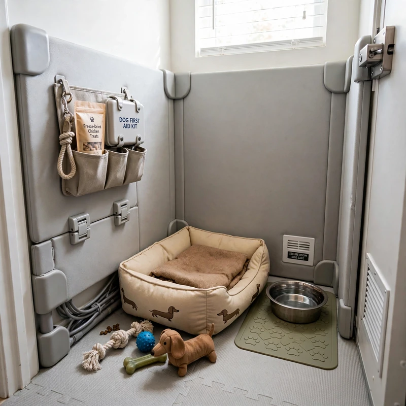 Dog-proofed safe room corner with bed and toys