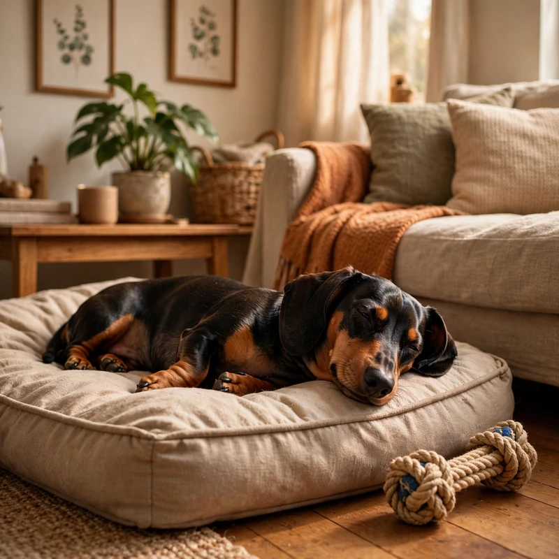 Calm Dachshund lying on dog bed with chew toy