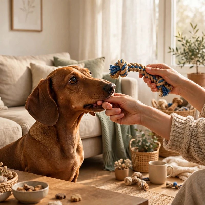 Dachshund mouthing owner's hand, owner redirecting with chew toy