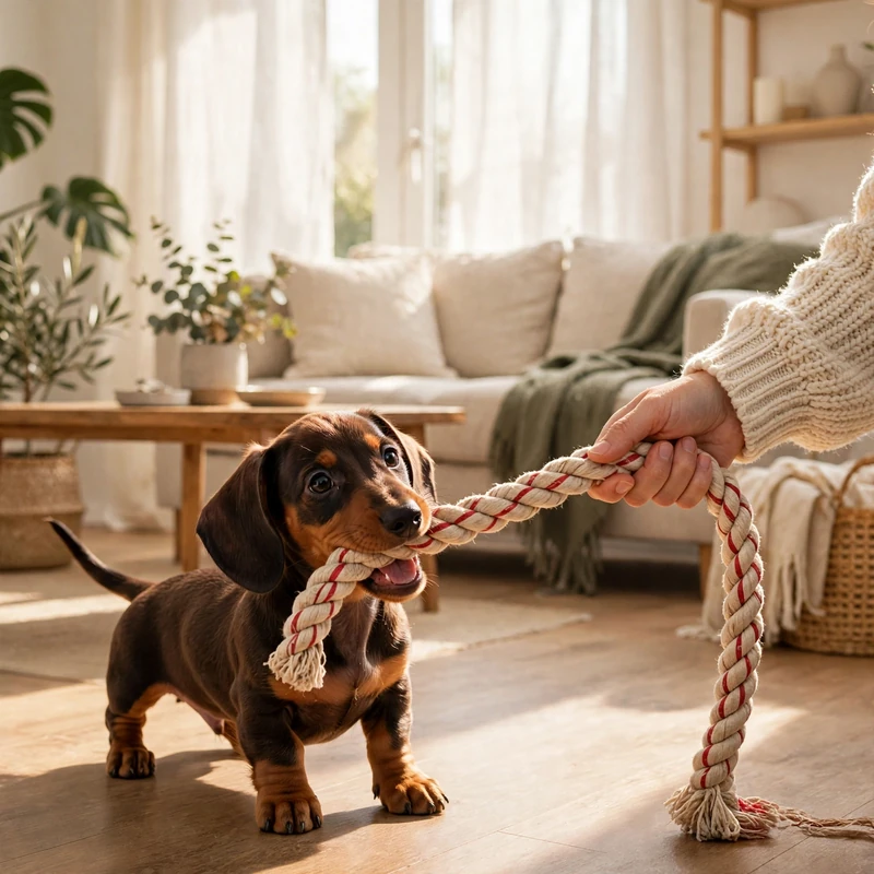 Dachshund puppy chewing rope toy with owner