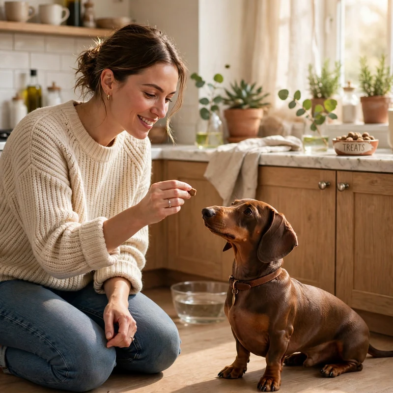 Owner rewarding Dachshund with treat for calm behavior