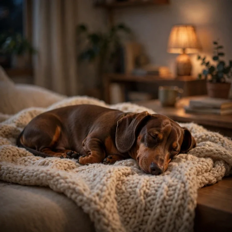 Relaxed Dachshund sleeping on soft blanket