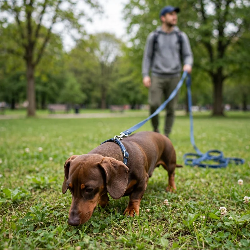 Dachshund on sniff walk in park