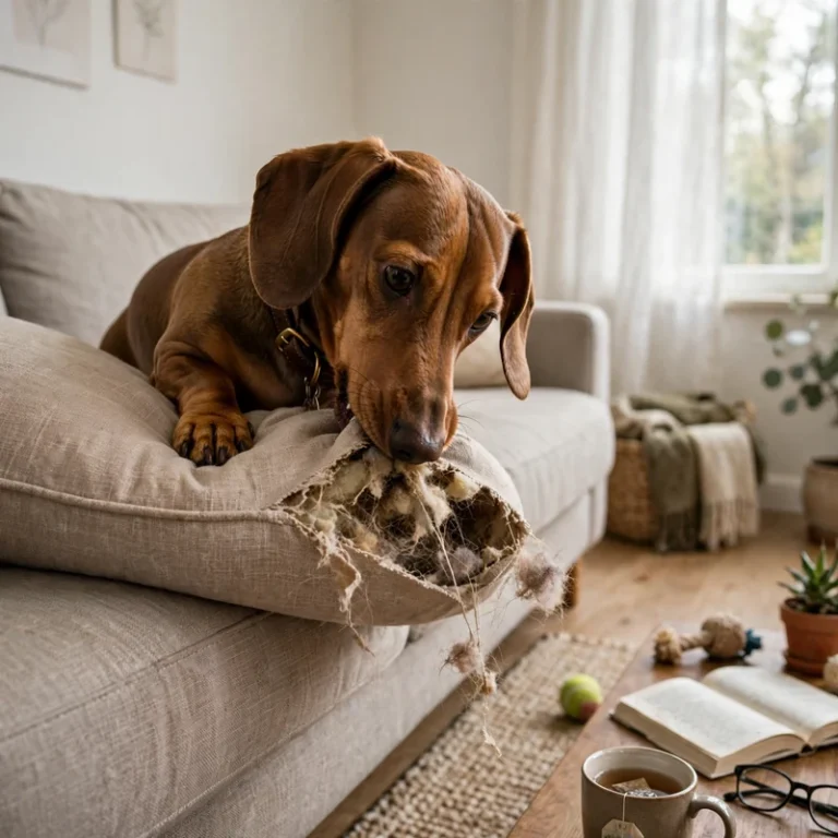 Adult Dachshund chewing sofa cushion