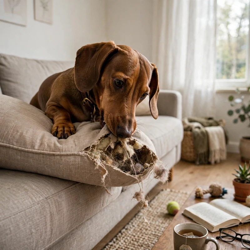 Adult Dachshund chewing sofa cushion