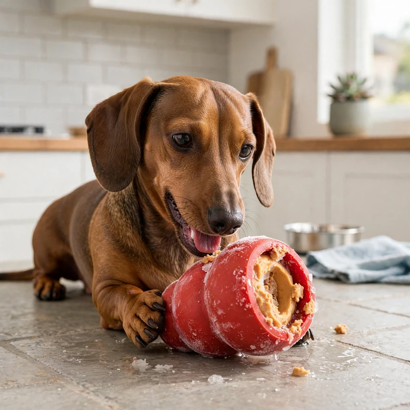 Dachshund with frozen stuffed enrichment toy