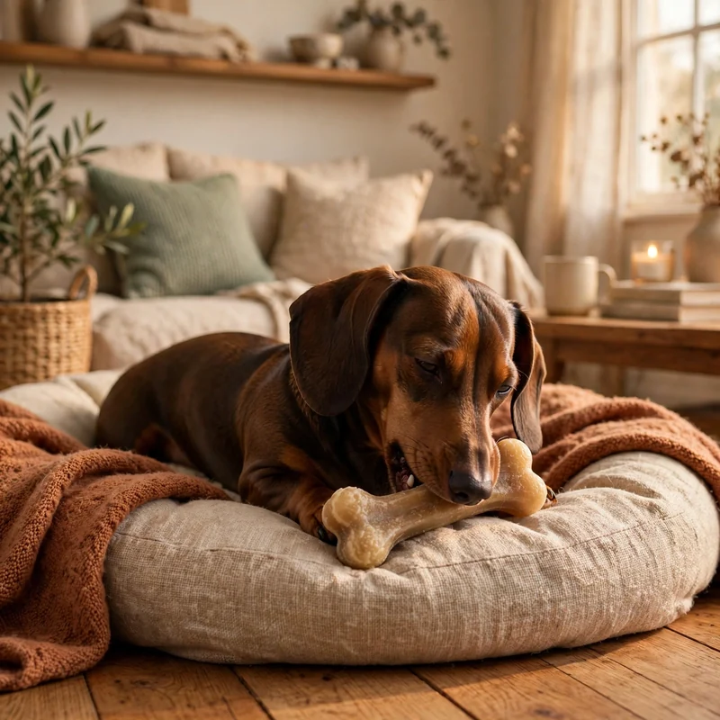 Calm Dachshund on bed with safe chew