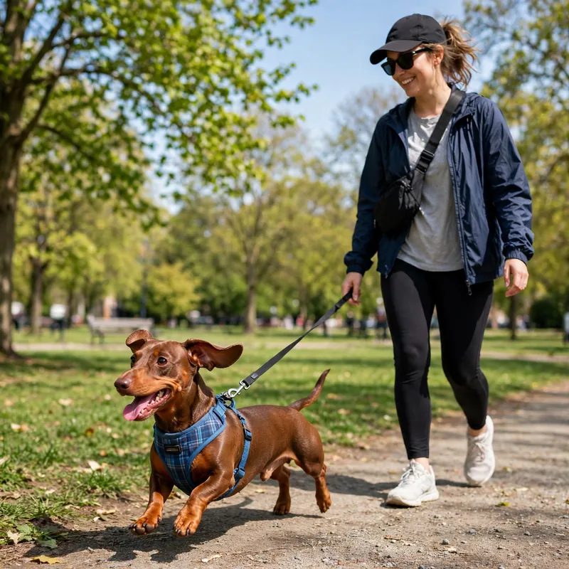 Dachshund on energetic park walk