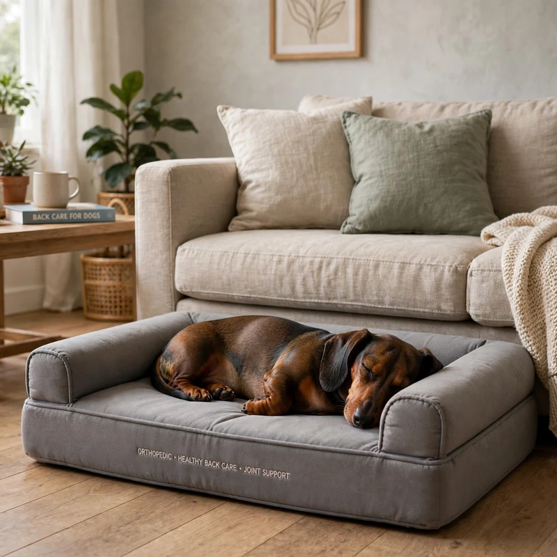 Dachshund resting on orthopedic bed beside sofa instead of jumping off the couch