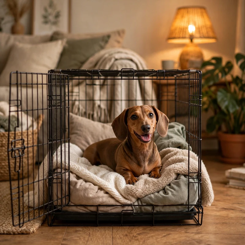 Happy Dachshund resting in cozy open crate