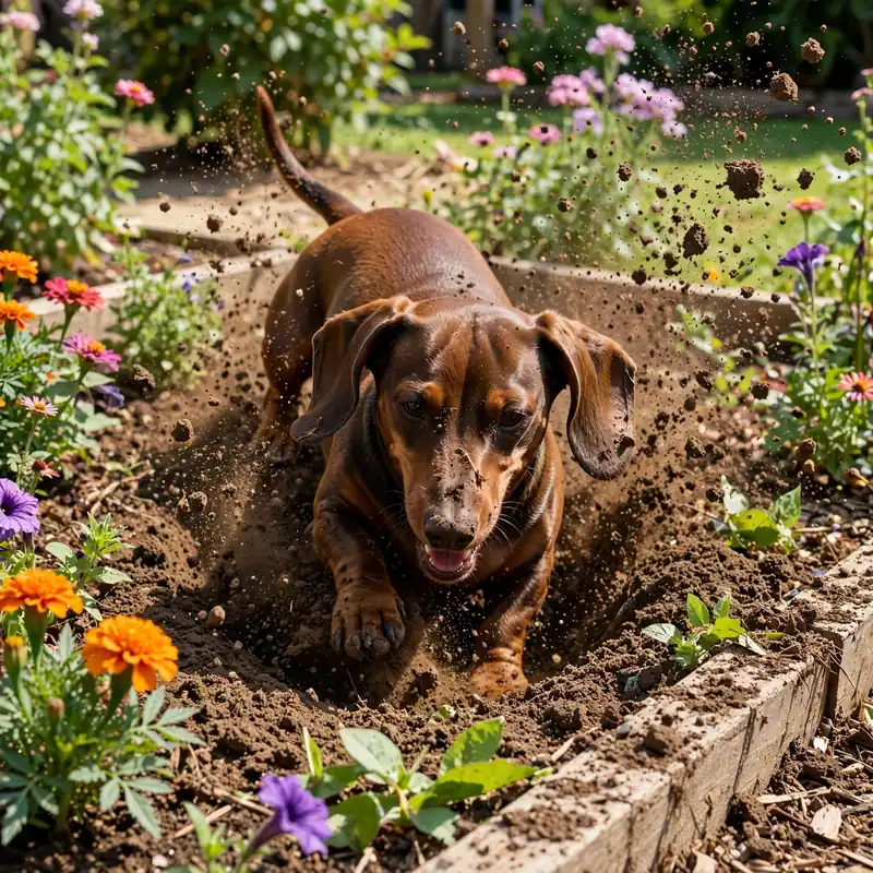Dachshund digging in flower bed