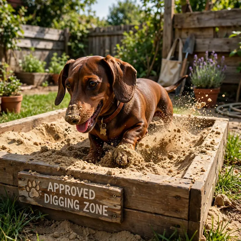 Dachshund in designated sand dig pit, the key tool to stop Dachshund digging