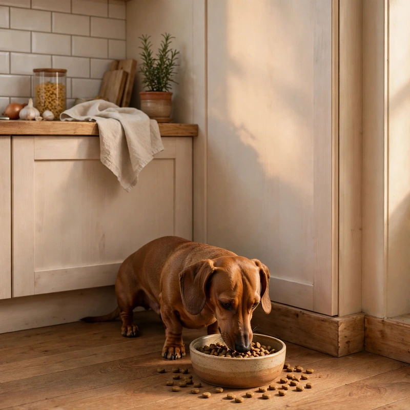 Dachshund food aggression: dog eating peacefully alone in a quiet corner