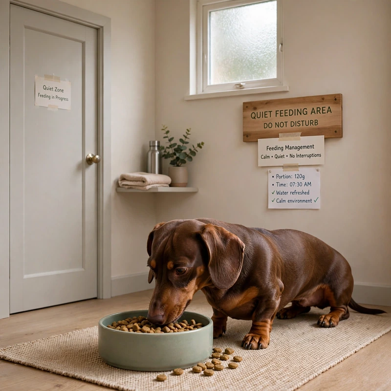 Dachshund food aggression: dog eating alone in a separate quiet room