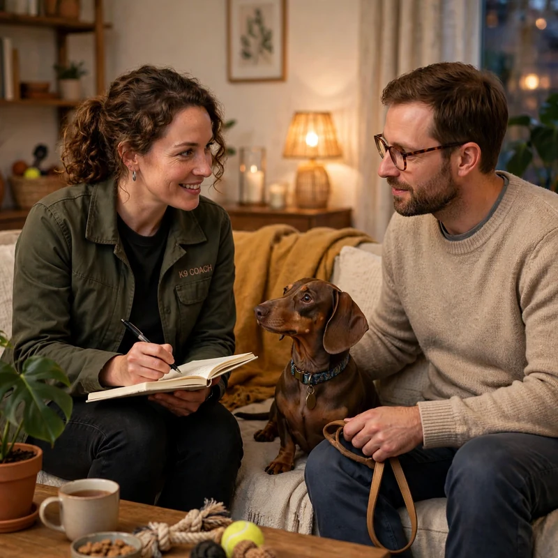 Trainer consulting a Dachshund owner about food aggression