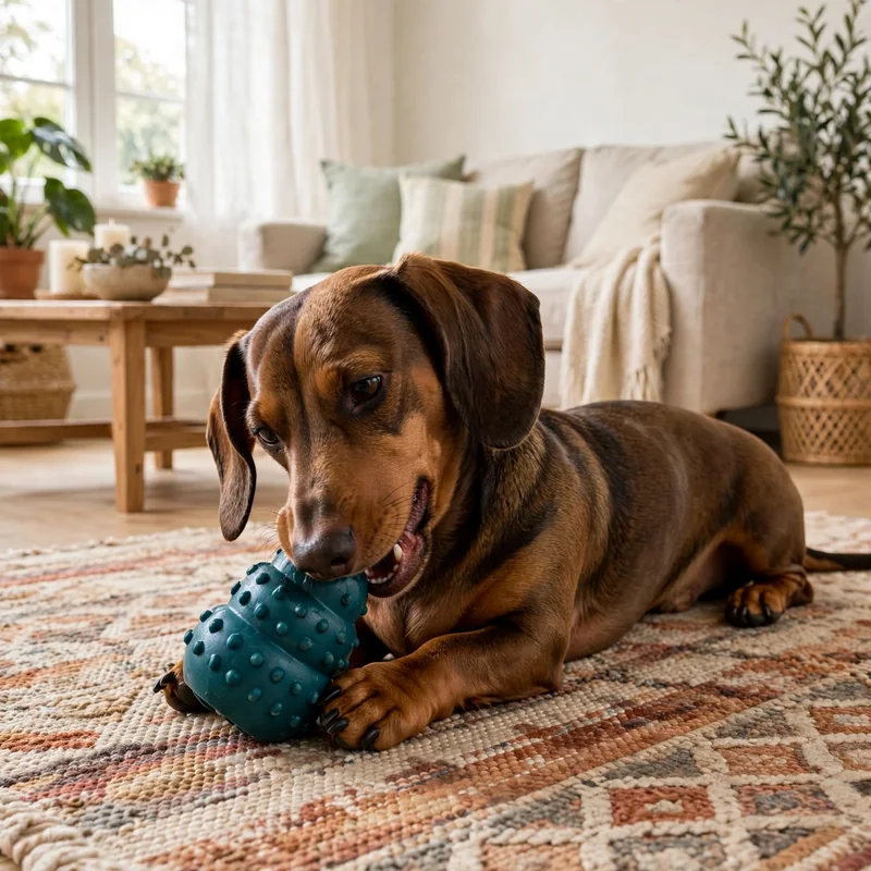 Happy Dachshund chewing durable rubber chew toy