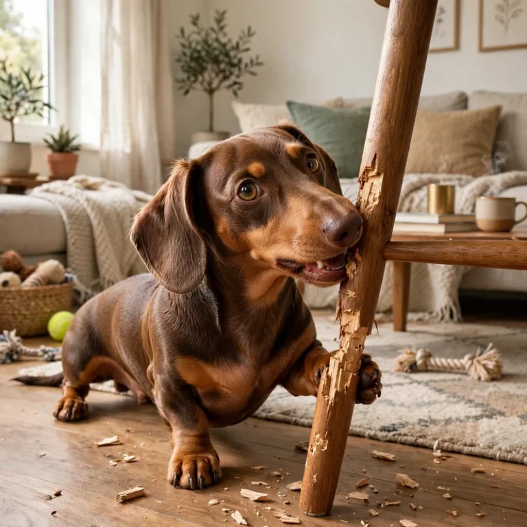 Dachshund chewing wooden chair leg