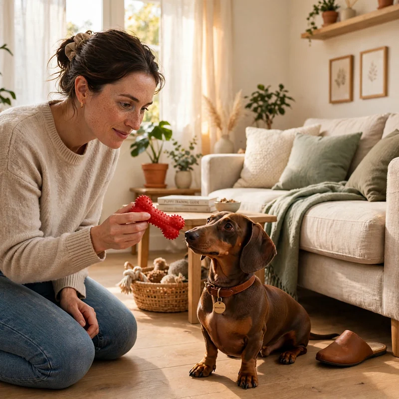 Owner offering rubber chew toy near sofa