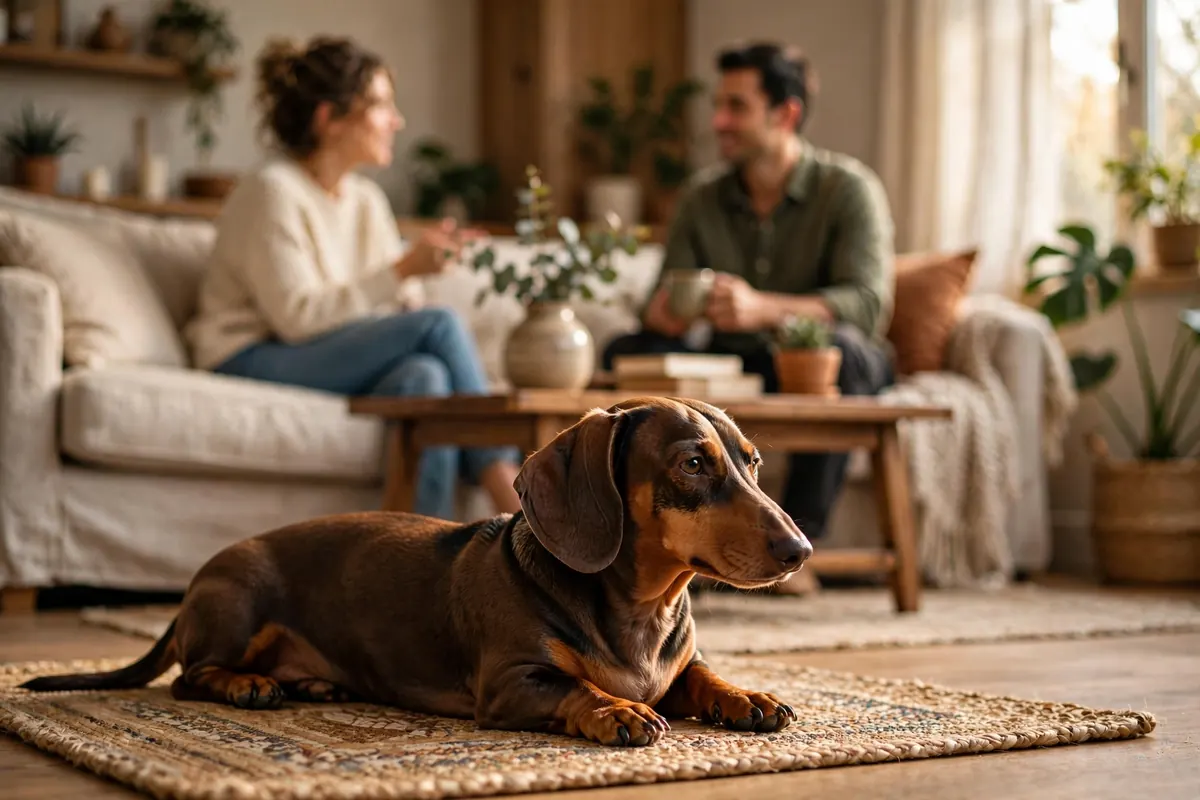 Calm Dachshund lying on a mat while guests chat in the living room