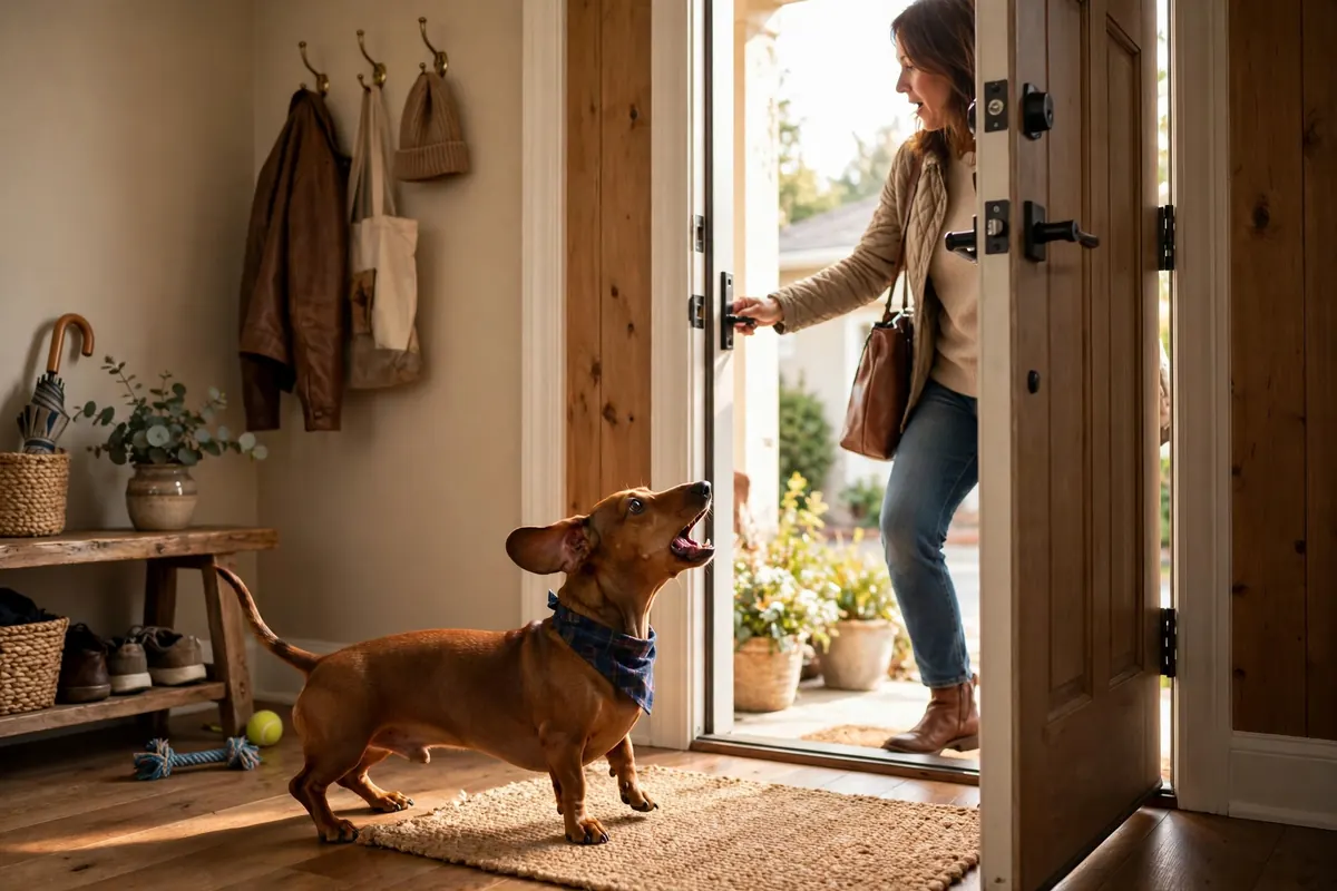 Dachshund barking at a front door as a guest arrives