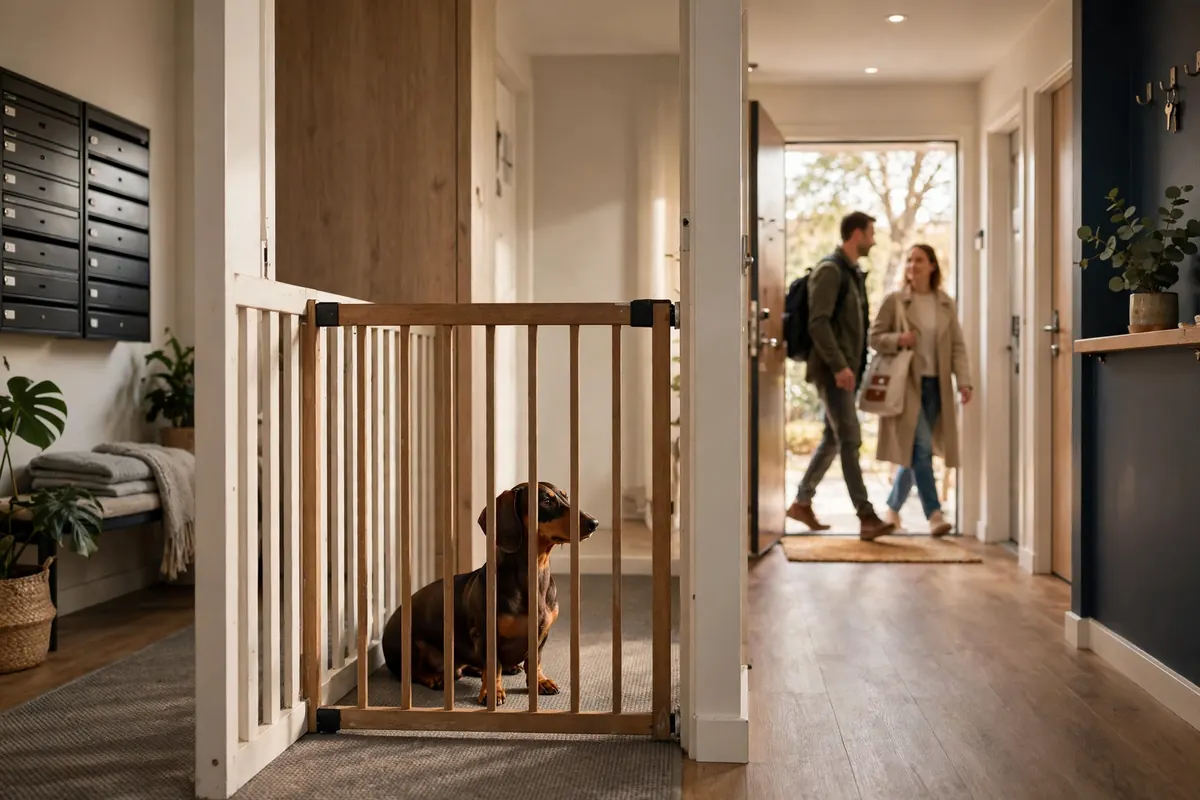 Dachshund barking at guests from behind a baby gate during training