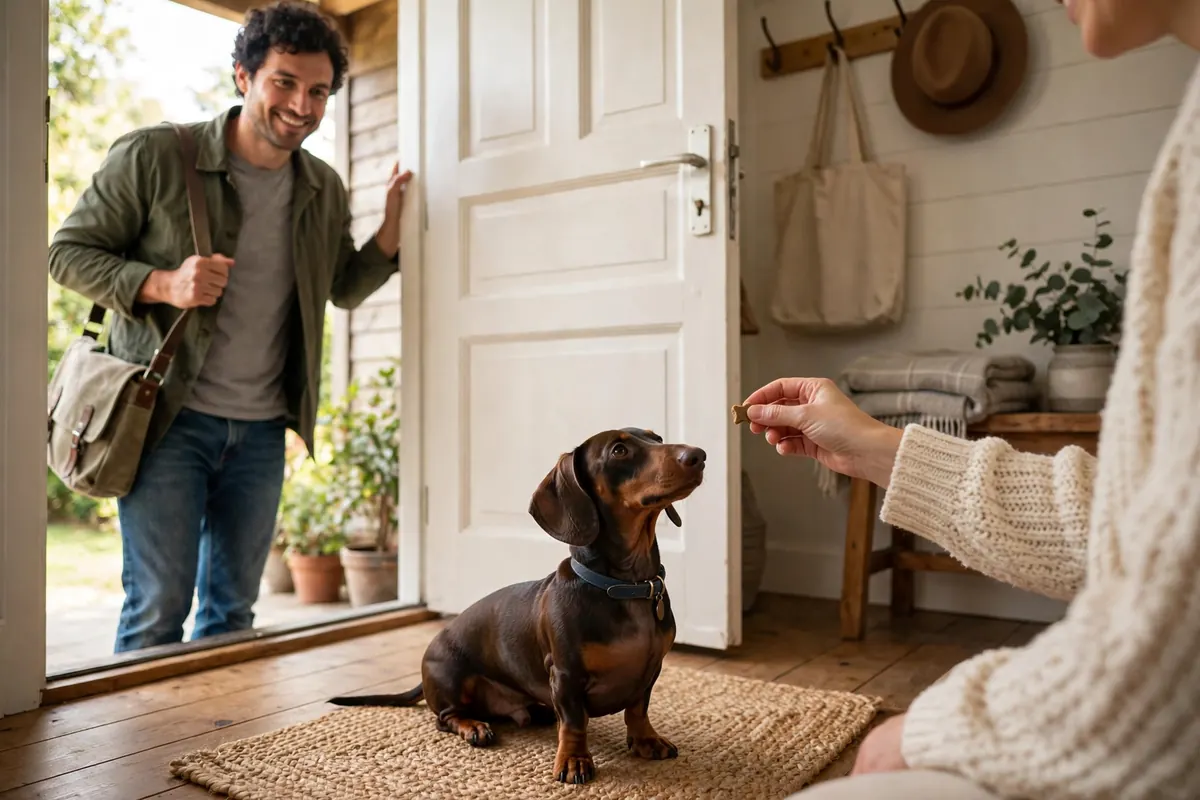 Dachshund sitting politely greeting a guest, owner giving a treat