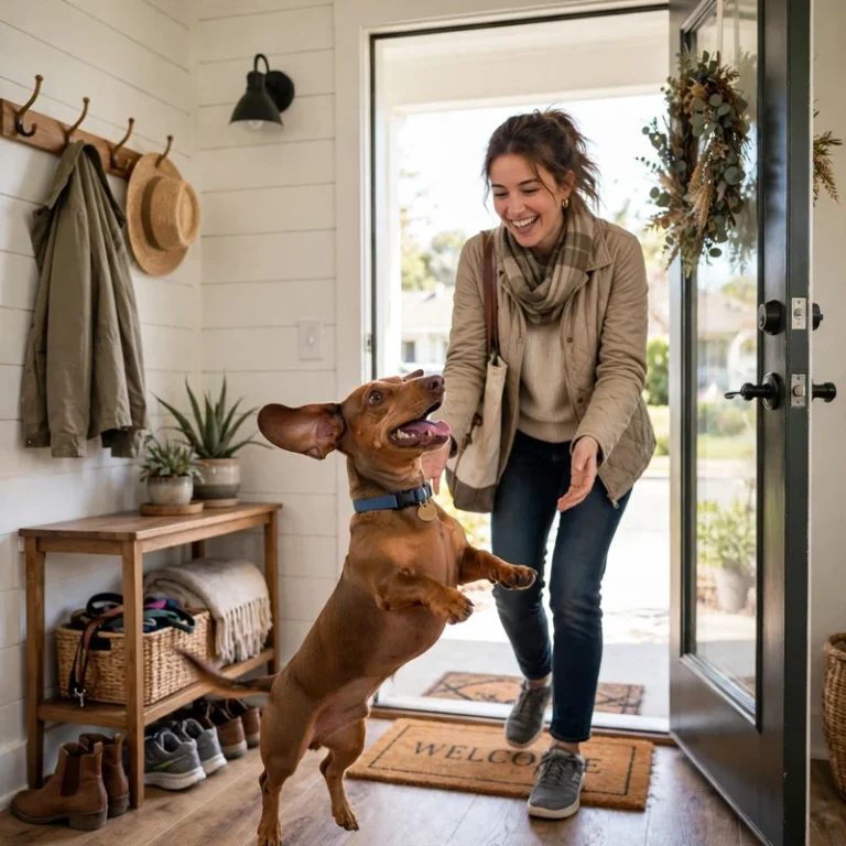 Excited Dachshund jumping on guest at door — dachshund jumping on guests training