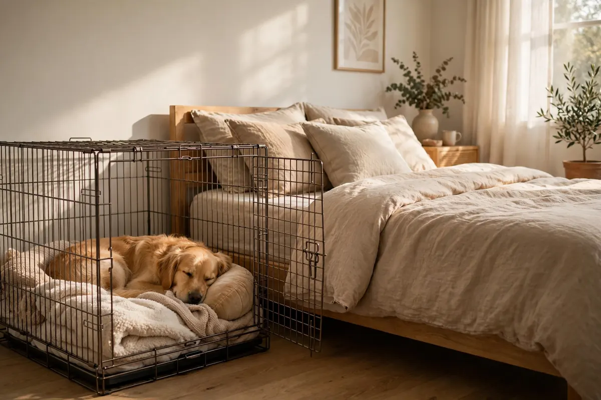Cozy dog crate with bedding next to a bed