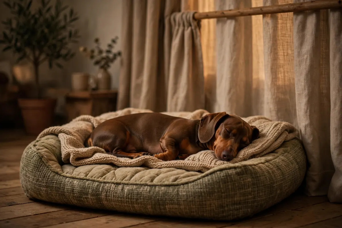 Dachshund sleeping peacefully on a dog bed at night