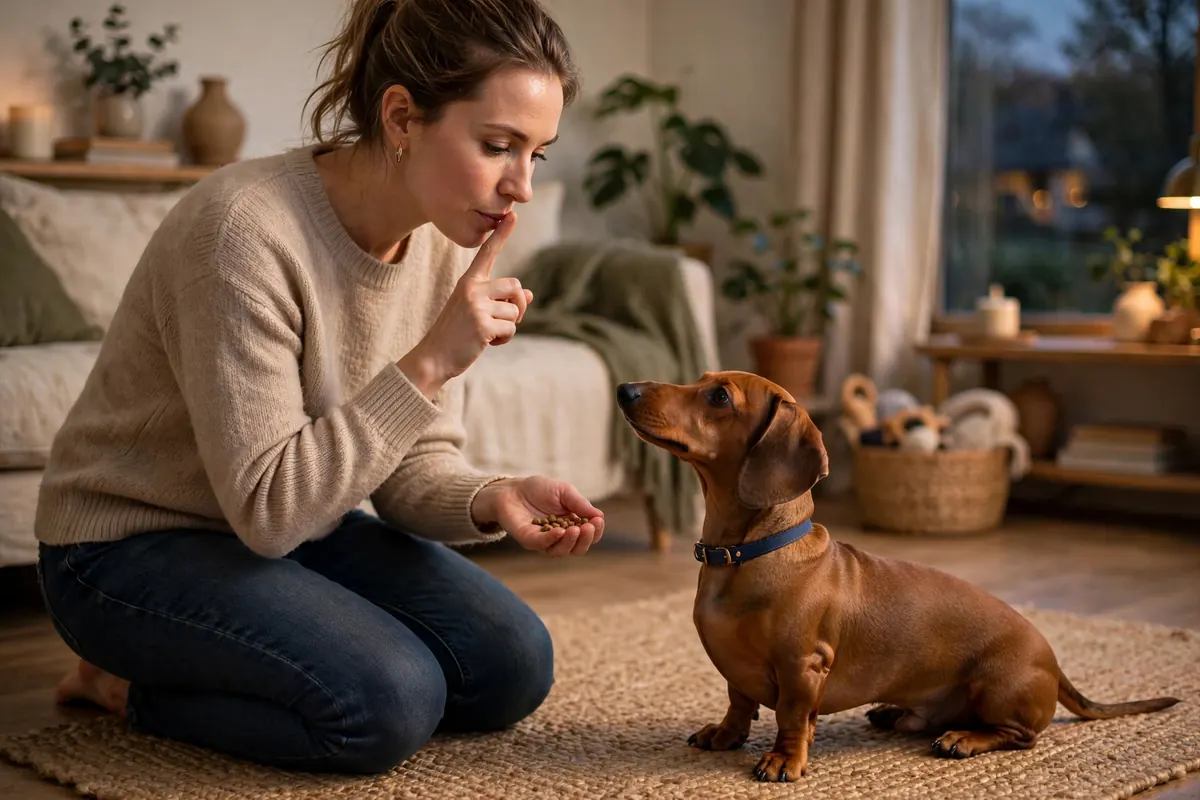 Owner practicing a quiet cue with a Dachshund using treats