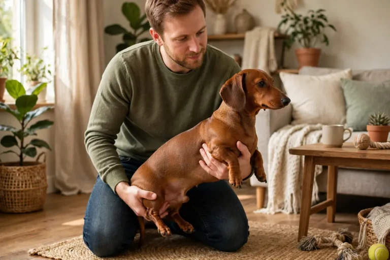 Dachshund bites when picked up: person correctly picking up a Dachshund supporting chest and rear