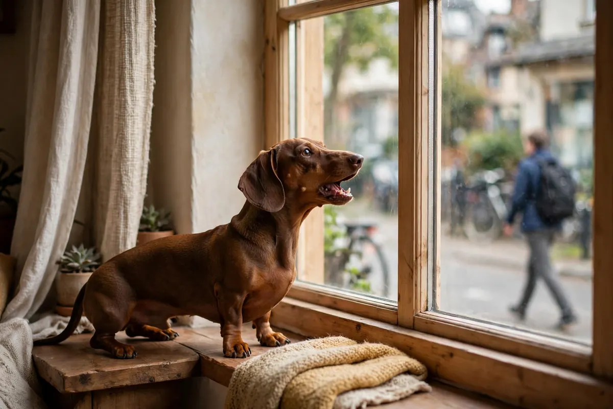 Dachshund barking at a window at a passerby