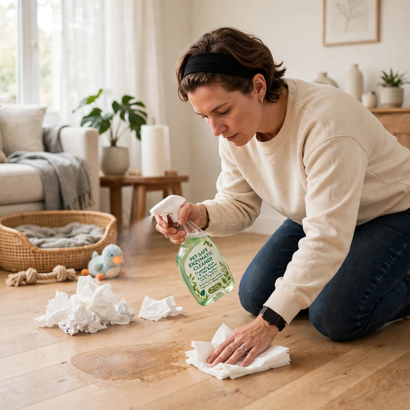 Person cleaning floor spot with spray and towels