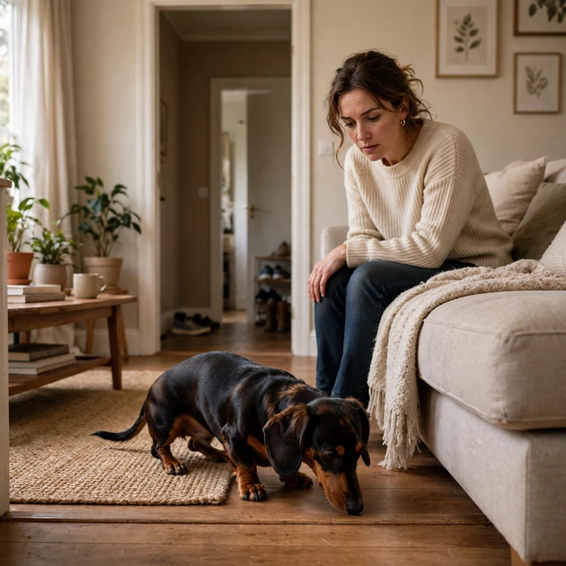 Dachshund sniffing floor indoors near doorway