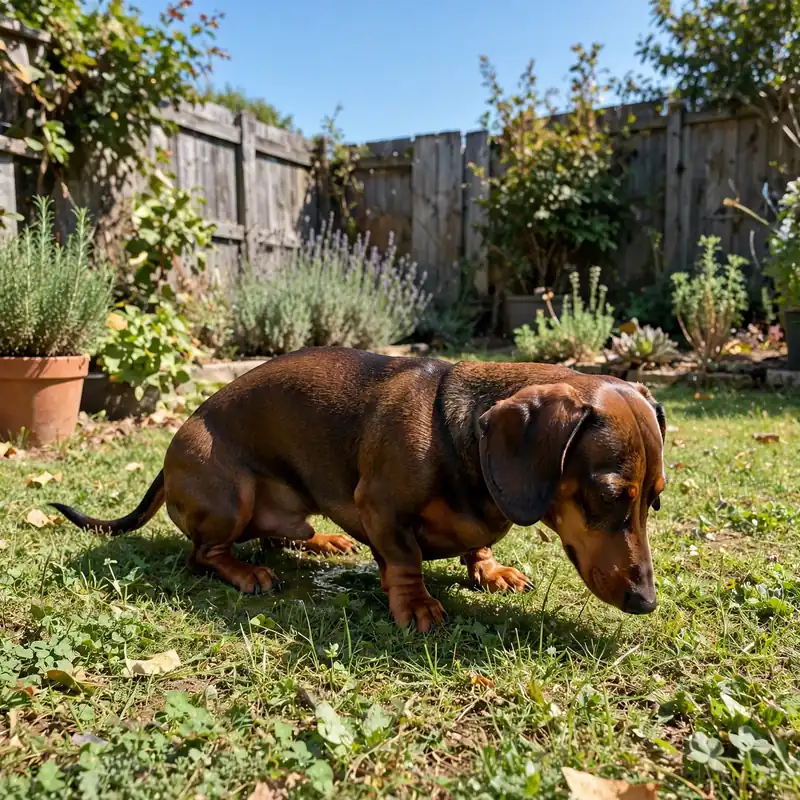 Dachshund going potty outdoors on grass