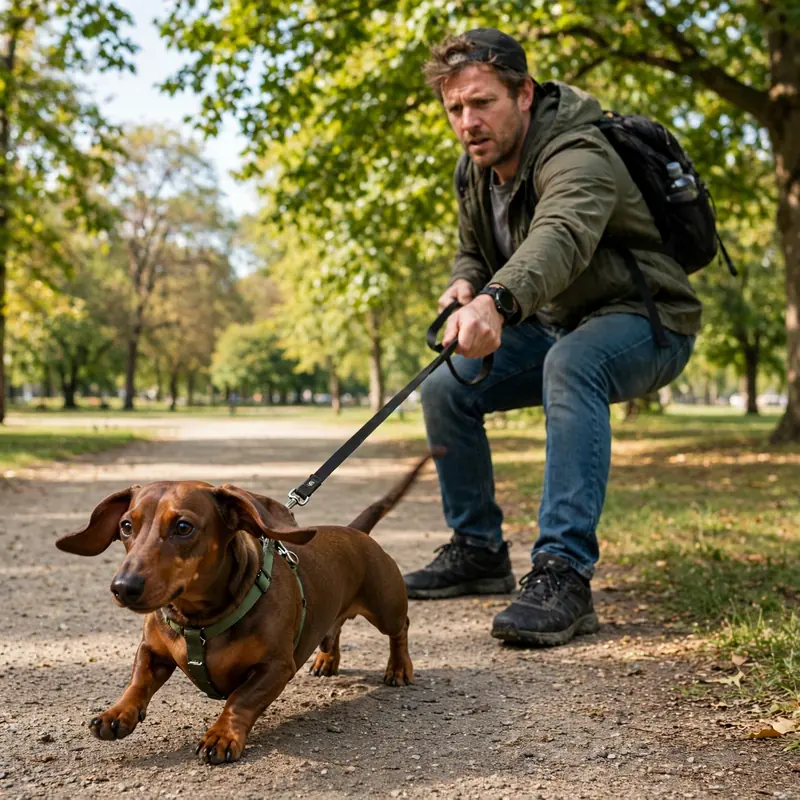 Dachshund pulling hard on leash