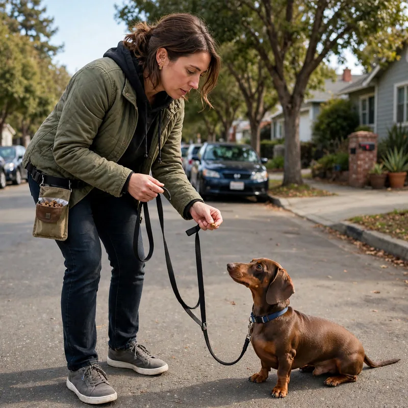 Owner practicing stop-and-go training for dachshund pulling on leash