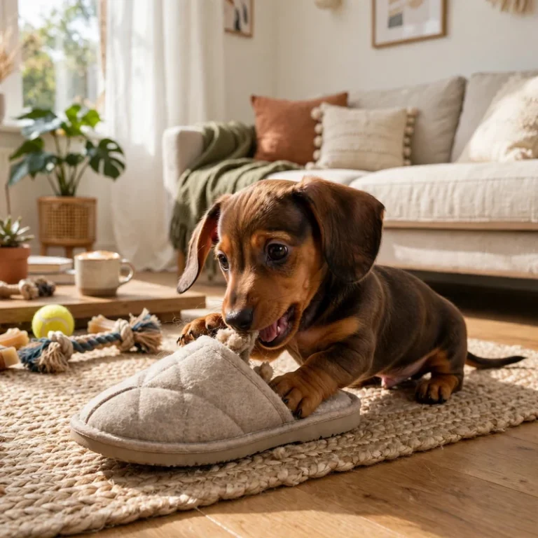 Dachshund puppy chewing a slipper