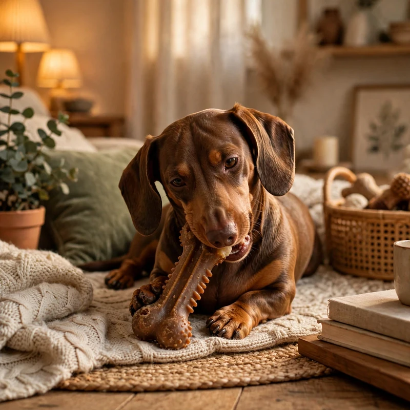 Dachshund with separation anxiety and a long-lasting chew toy