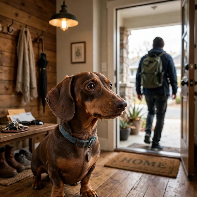 Dachshund separation anxiety: anxious Dachshund watching owner leave