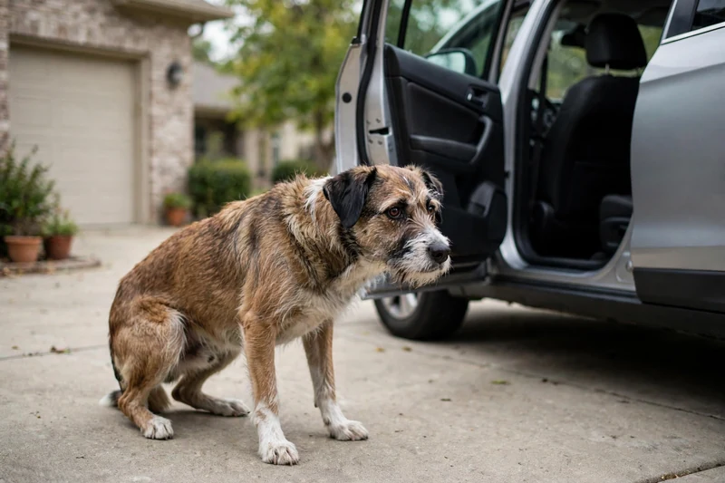 Hesitant brown terrier-type dog afraid to get in car, with low body and ears back, looking uncertainly at an open car door
